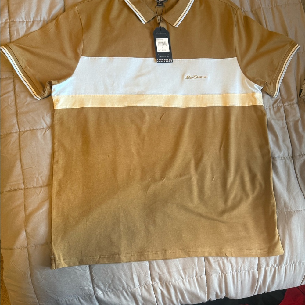 Ben Sherman Tan and White Striped Polo Shirt.  SZ  XL - Picture 3 of 8
